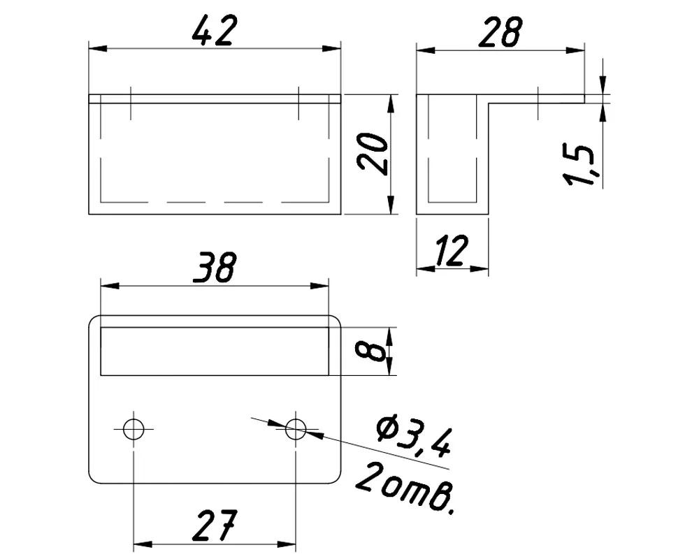 Technical drawing – Slat holder, with hole, L 38 × h 20
