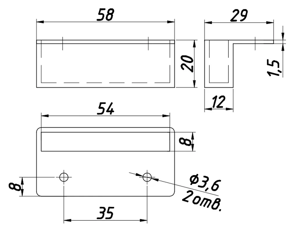 Rysunek techniczny – Uchwyt listwy stelaża, z otworem, L 53 × h 20