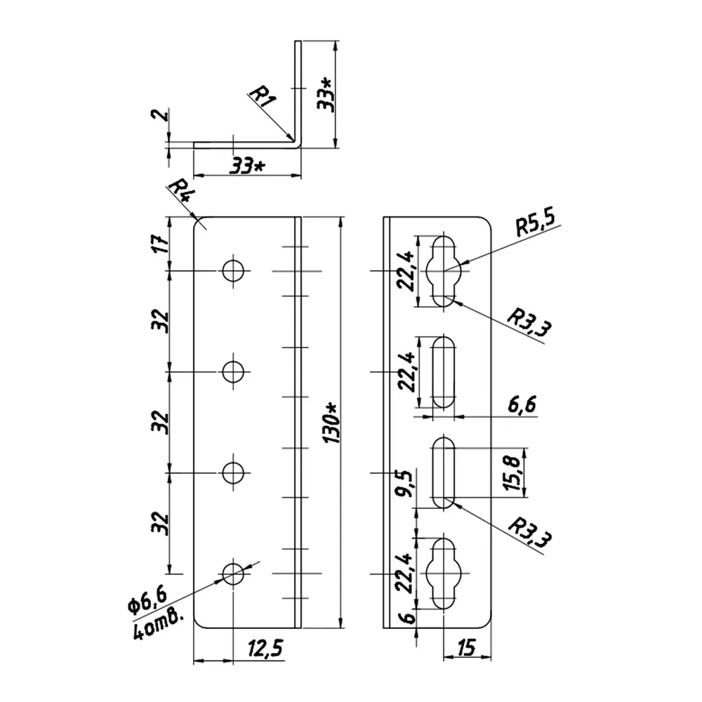 Technical drawing – Bed corner bracket 130 × 35 × 35