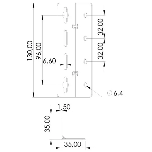 Technical drawing – Bed corner bracket, 130 × 35 × 35