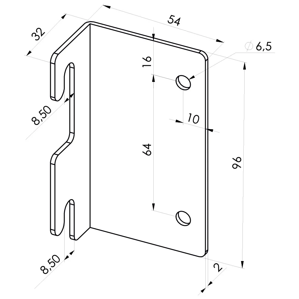 Technical drawing – Bed rail corner fitting, 96 × 54 × 32