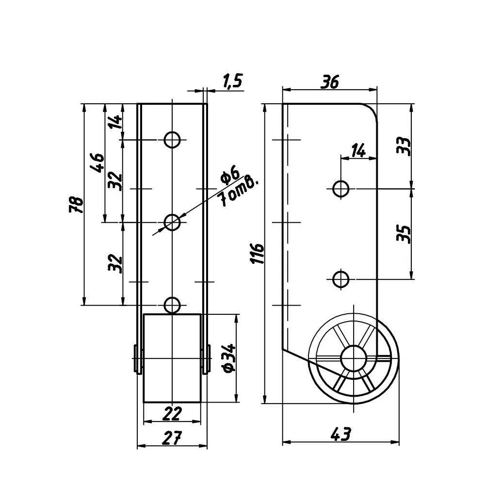 Technical drawing – Furniture castor for pull-out units
