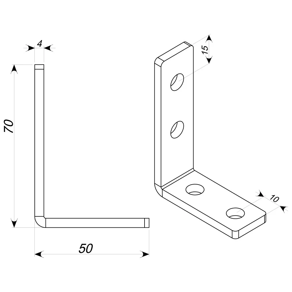 Technical drawing – Mounting angle, 70 × 50 × 20