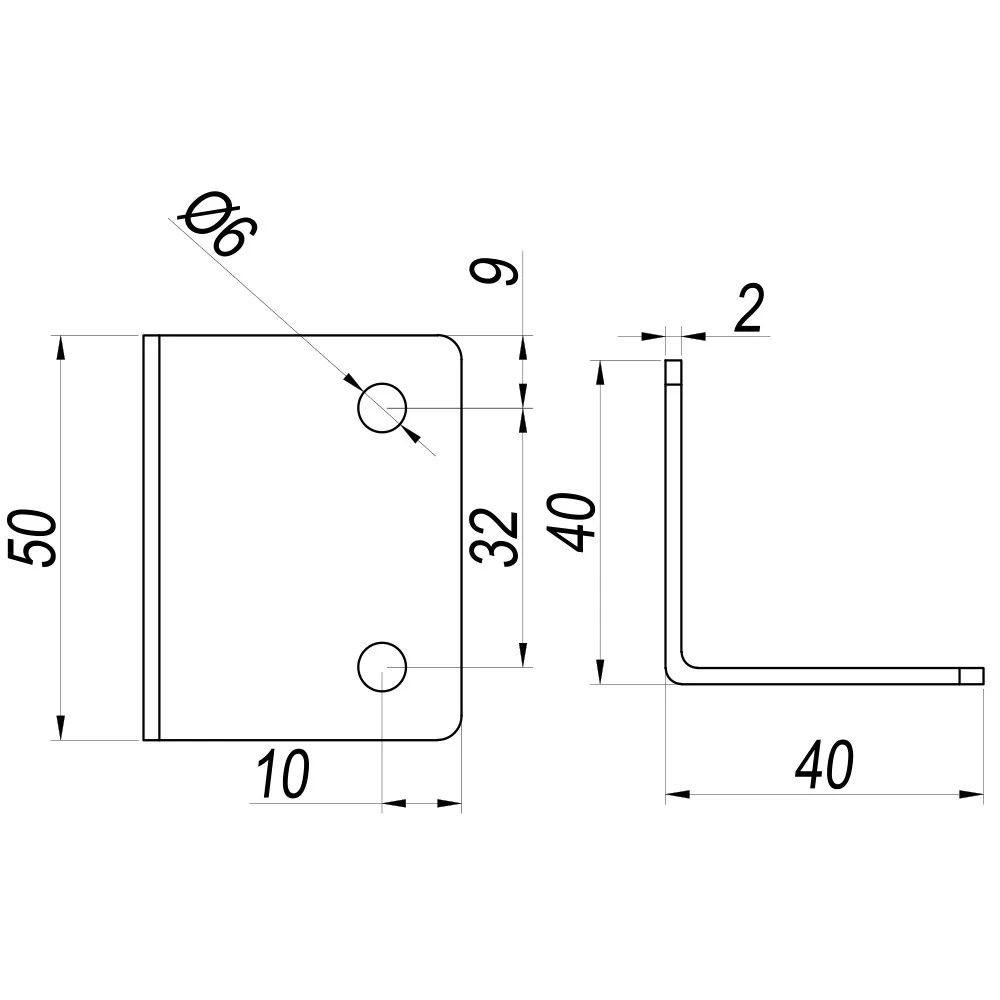 Technical drawing – Mounting angle, 50 × 40 × 40