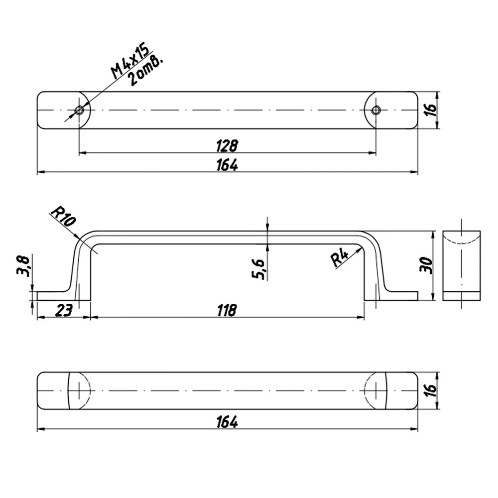 Technical drawing – Metal furniture handle, 128 mm centres
