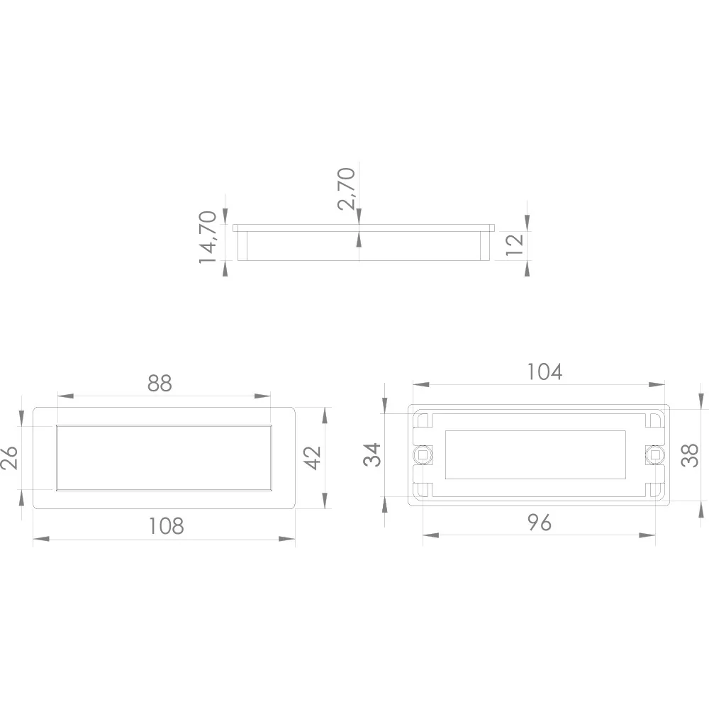Technical drawing – Plastic recessed handle, 96 mm centres