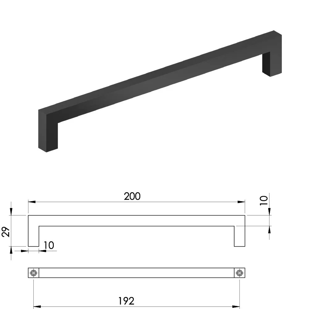 Technical drawing – Metal furniture handle, 192 mm centres