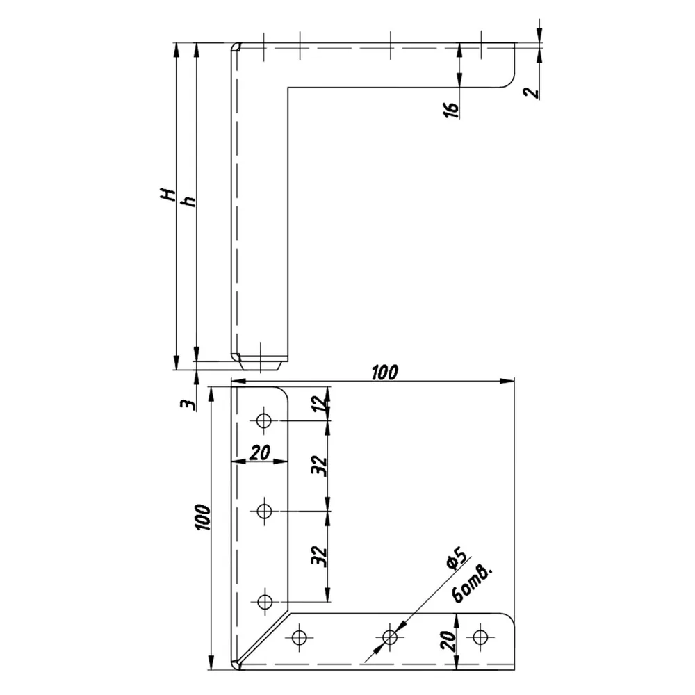 Technical drawing – Metal corner furniture leg, 100 × 100