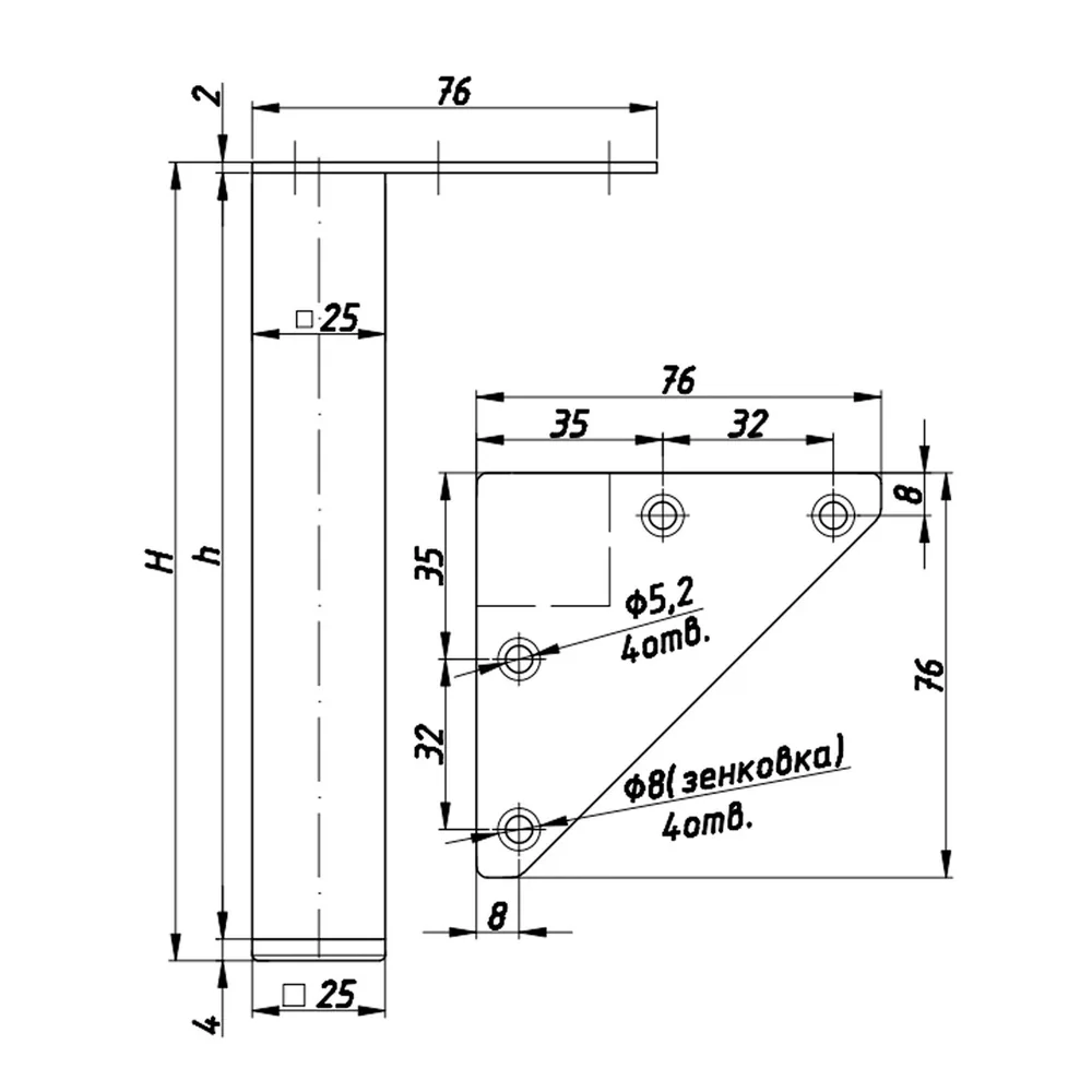 Rysunek techniczny – Noga meblowa metalowa, profil 25 × 25