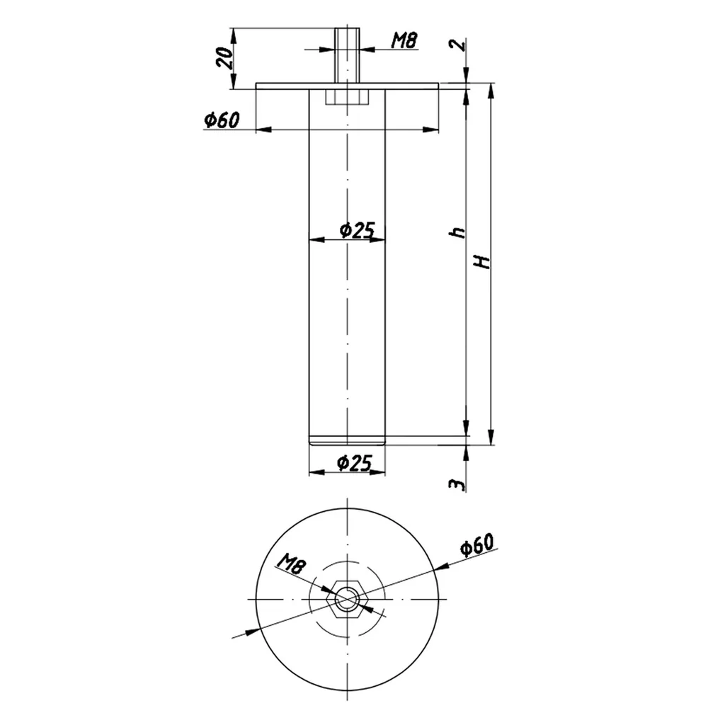 Rysunek techniczny – Noga meblowa metalowa, Ø25