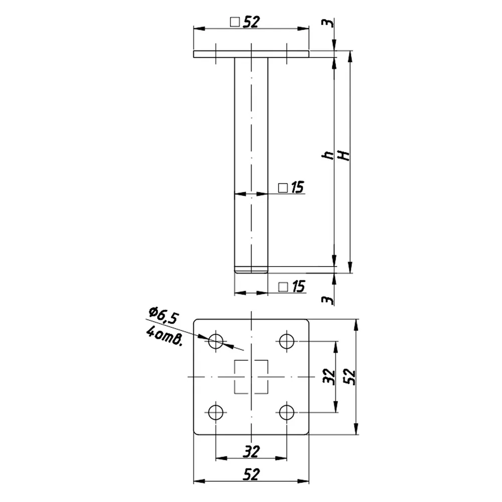 Rysunek techniczny – Noga meblowa metalowa, profil 15 × 15