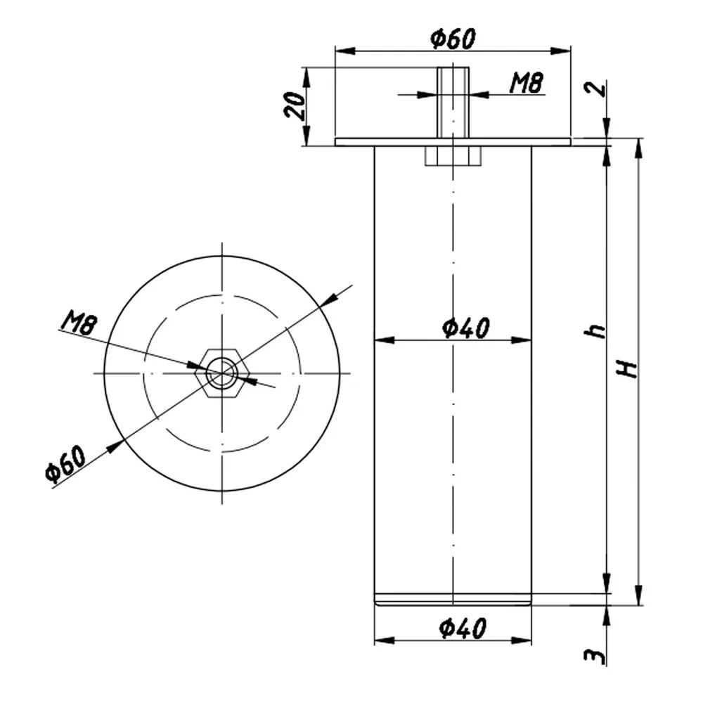 Technical drawing – Metal furniture leg, Ø40