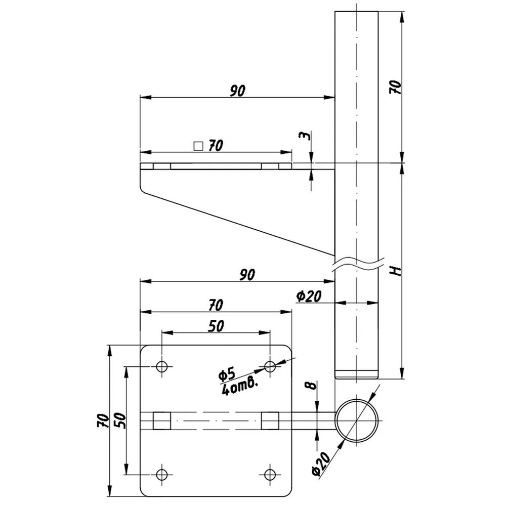 Technical drawing – Metal furniture leg, Ø20