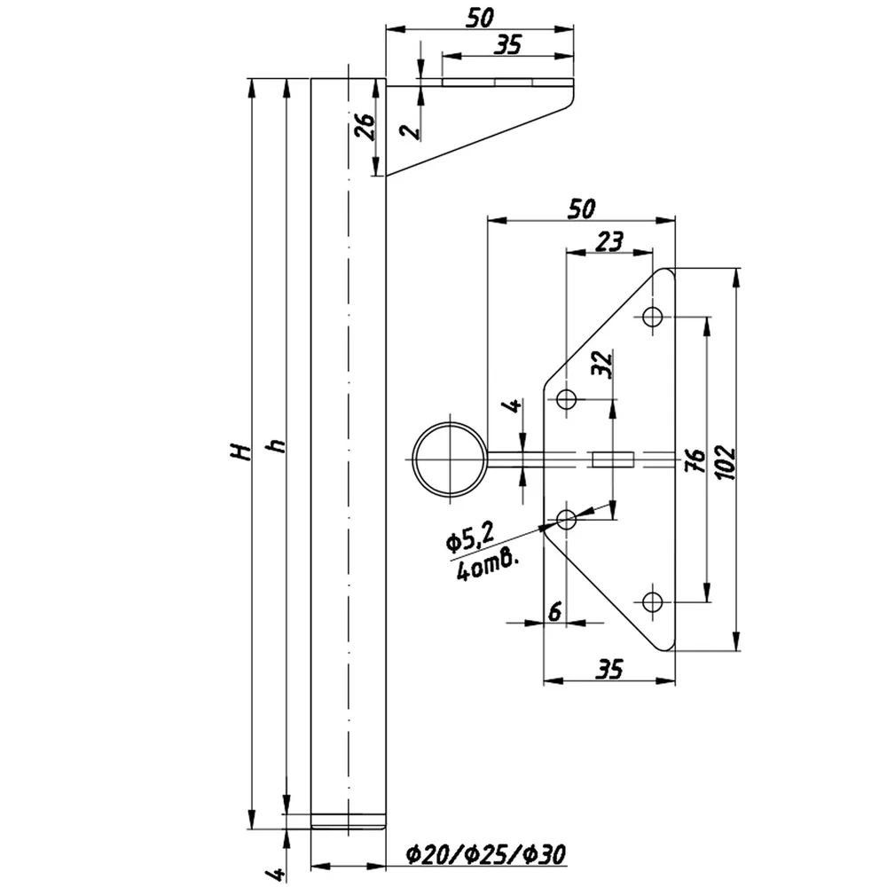 Technical drawing – Metal furniture leg, Ø20