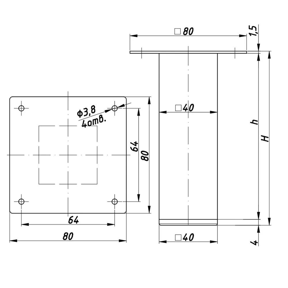 Technical drawing – Metal furniture leg, 40 × 40 profile
