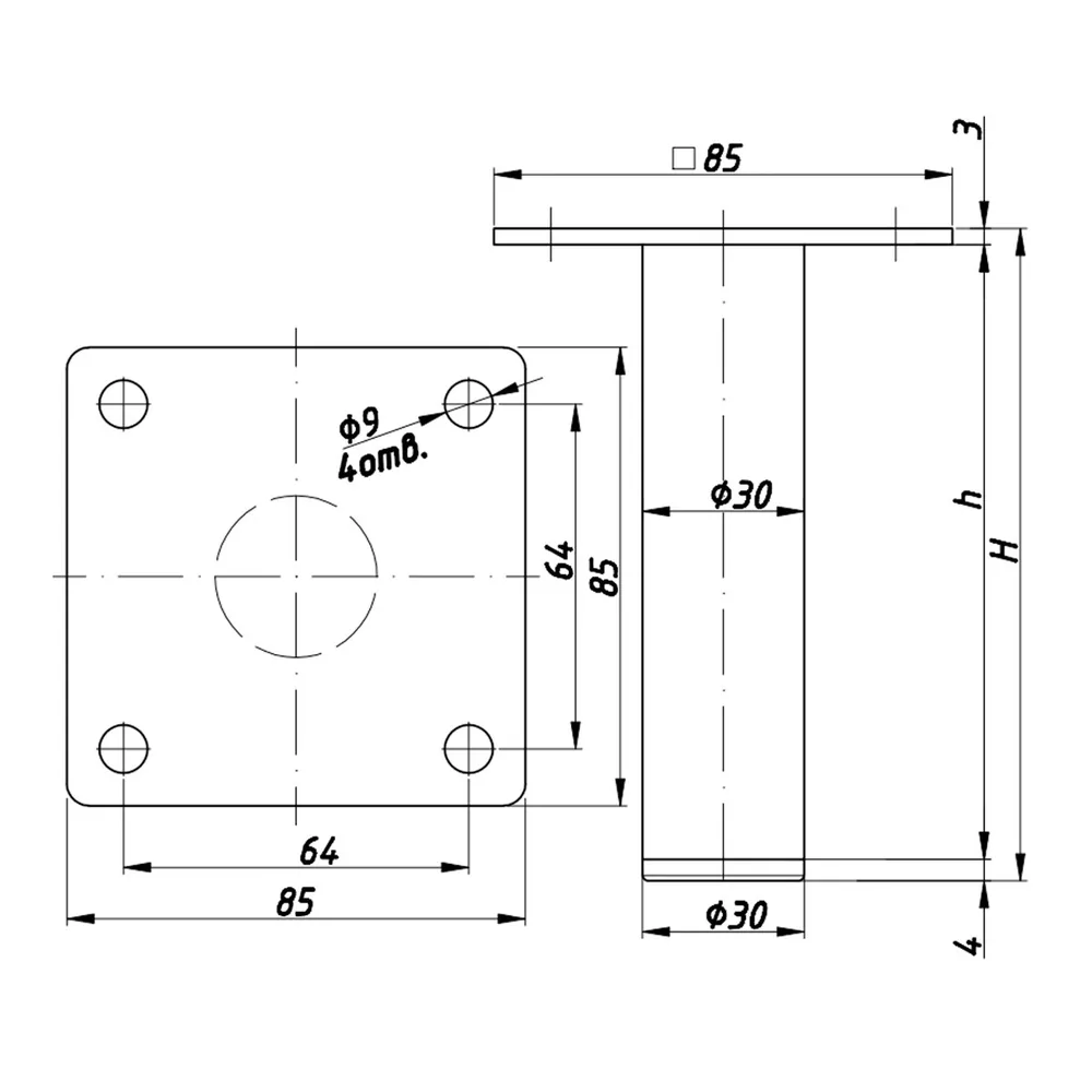 Rysunek techniczny – Noga meblowa metalowa Ø30 z płytką 85 × 85