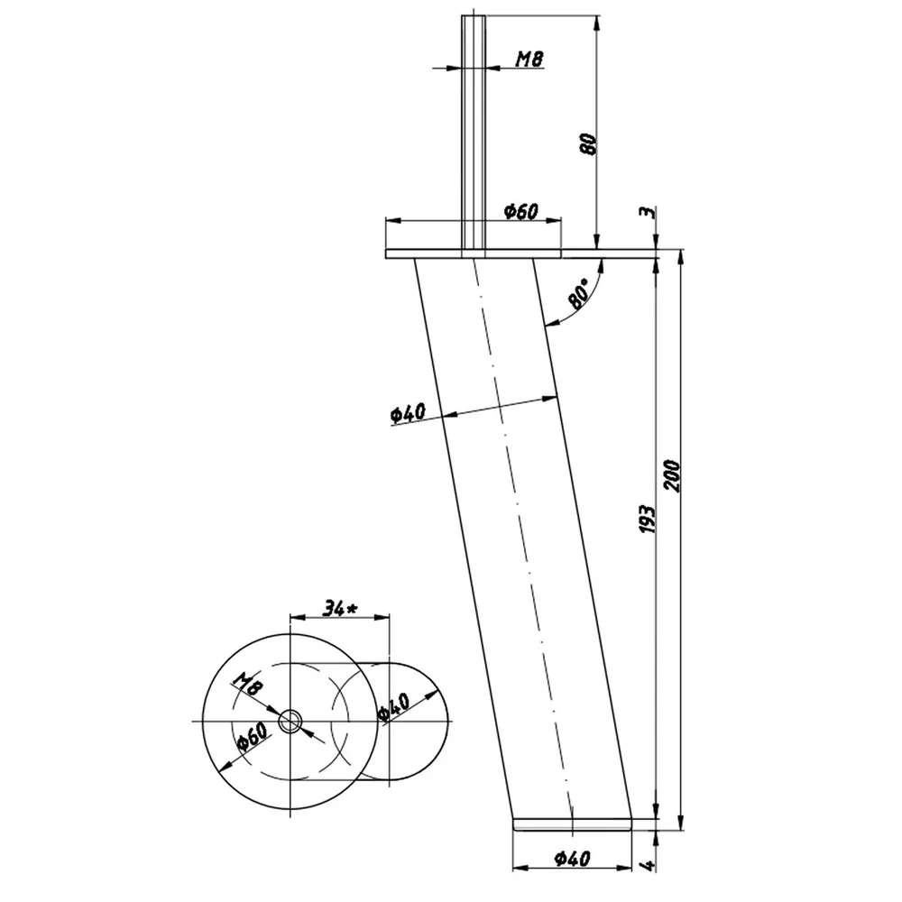 Technical drawing – Metal furniture leg, Ø40