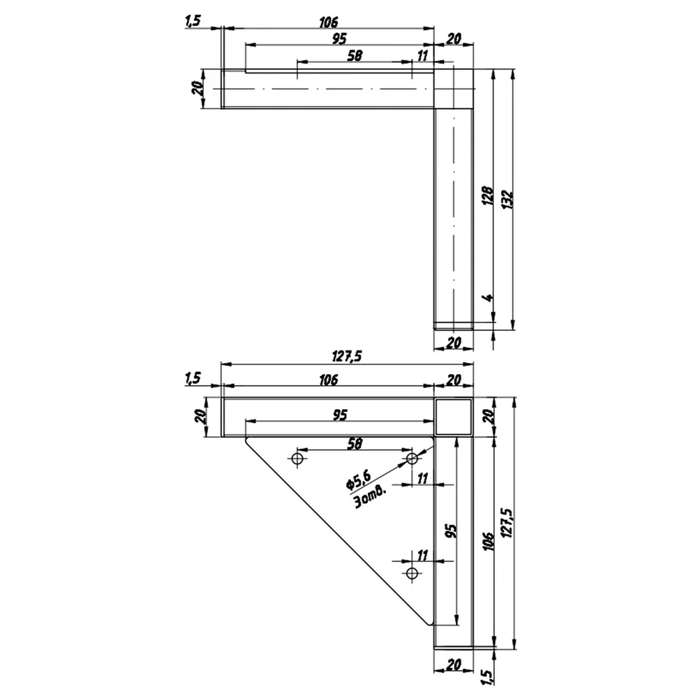 Technical drawing – Metal furniture leg, 20 × 20 profile