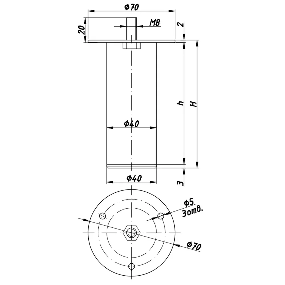 Technical drawing – Metal furniture leg, Ø40