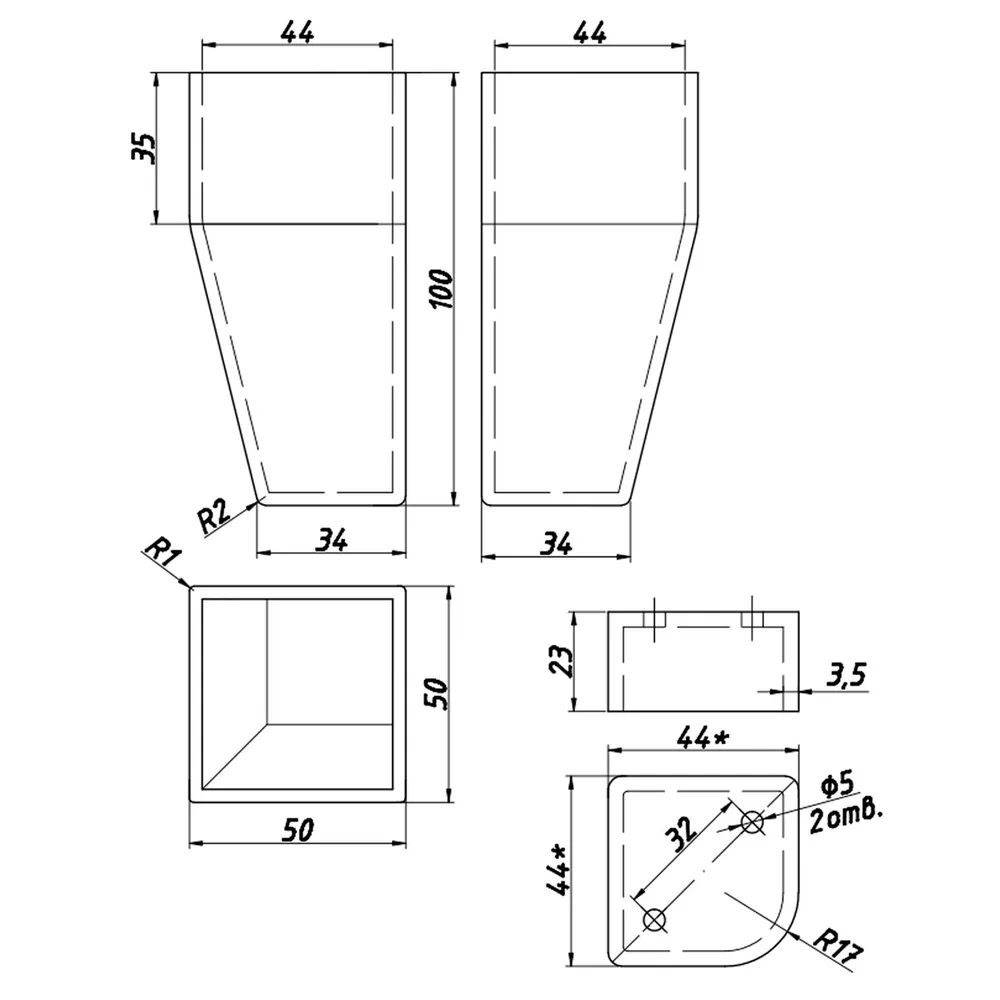 Rysunek techniczny – Noga meblowa z tworzywa, 50 × 50, h 100