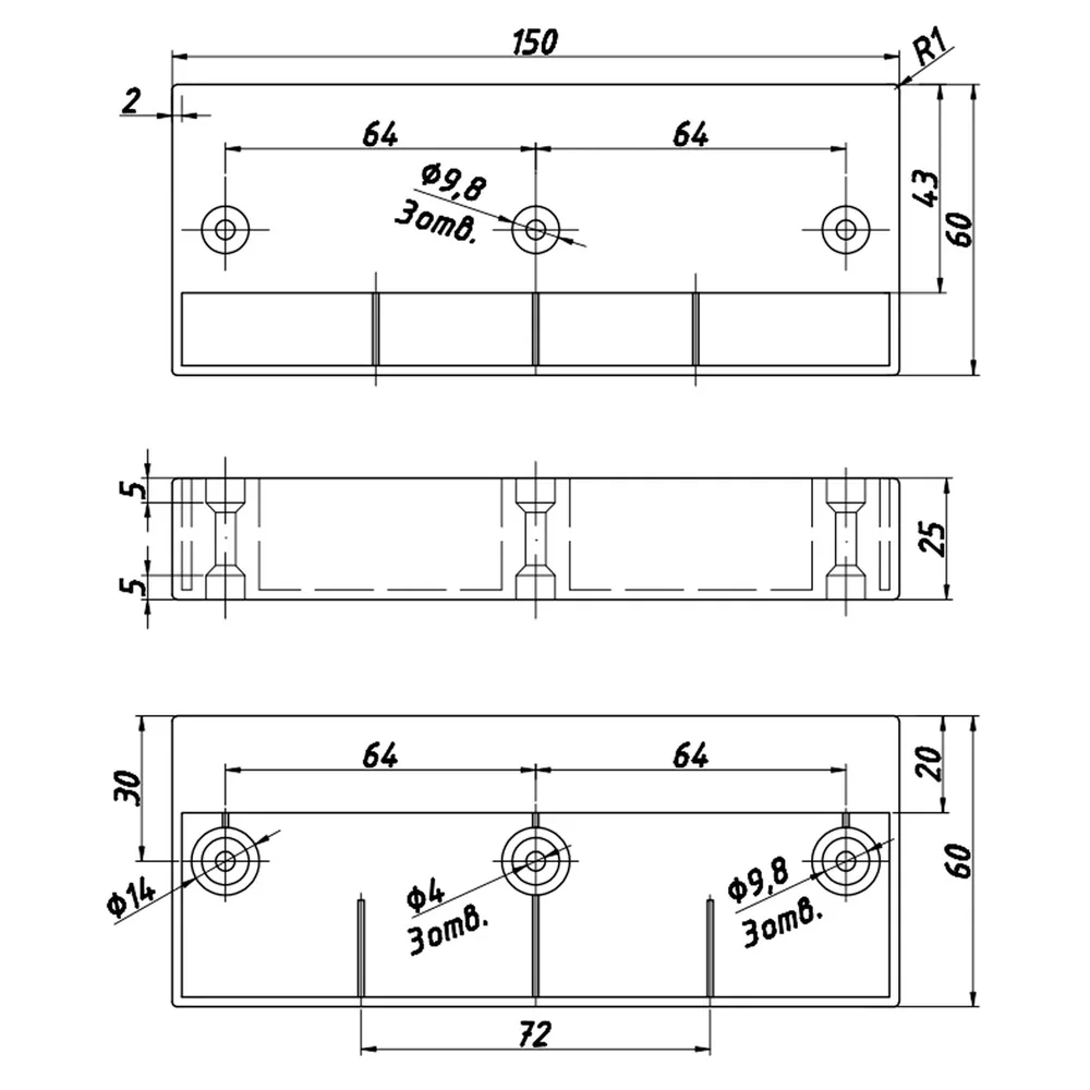 Technical drawing – Plastic furniture leg, 150 × 60 × 20