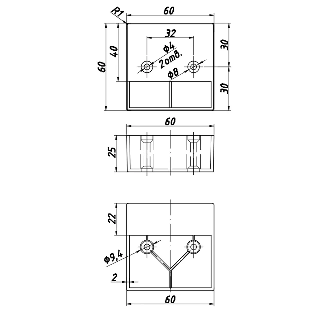 Technical drawing – Plastic furniture leg, 60 × 60 × 25