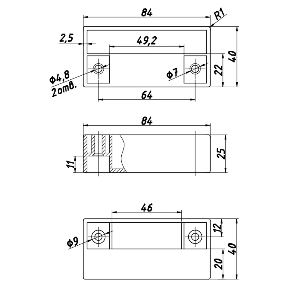 Technical drawing – Plastic furniture leg, 85 × 40 × 25