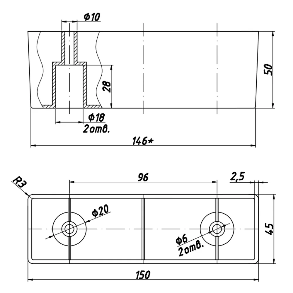 Technical drawing – Plastic furniture leg, 150 × 45, H 50