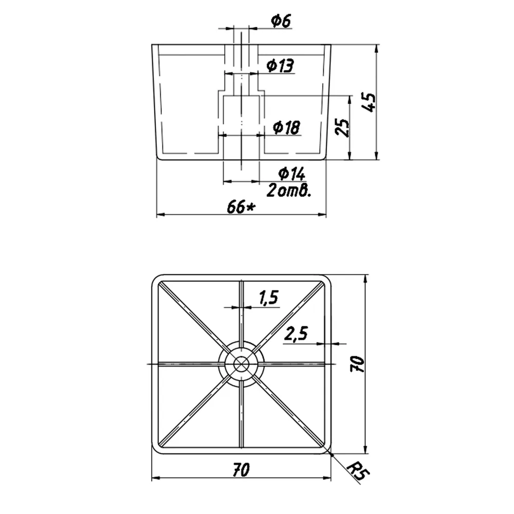 Rysunek techniczny – Noga meblowa z tworzywa, 70 × 70, h 45