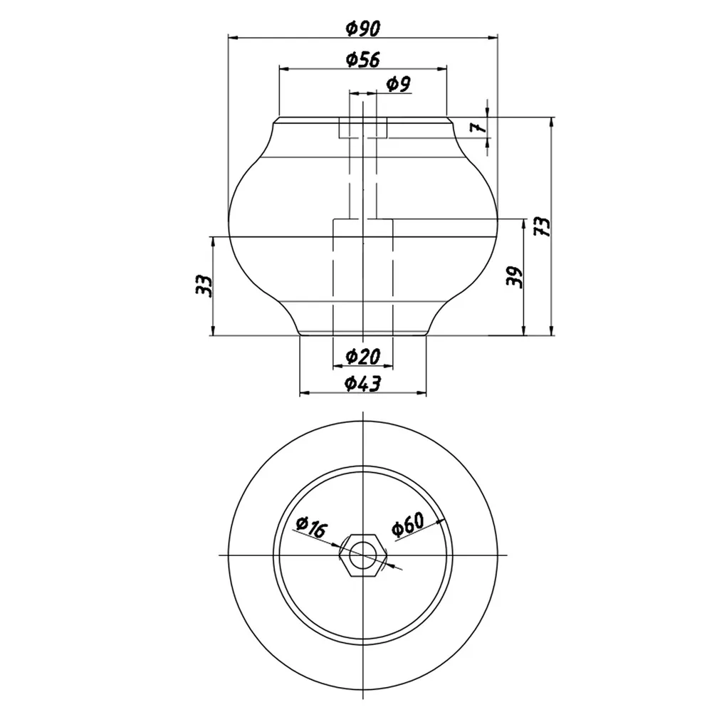 Rysunek techniczny – Noga meblowa z tworzywa, h 73, Ø90