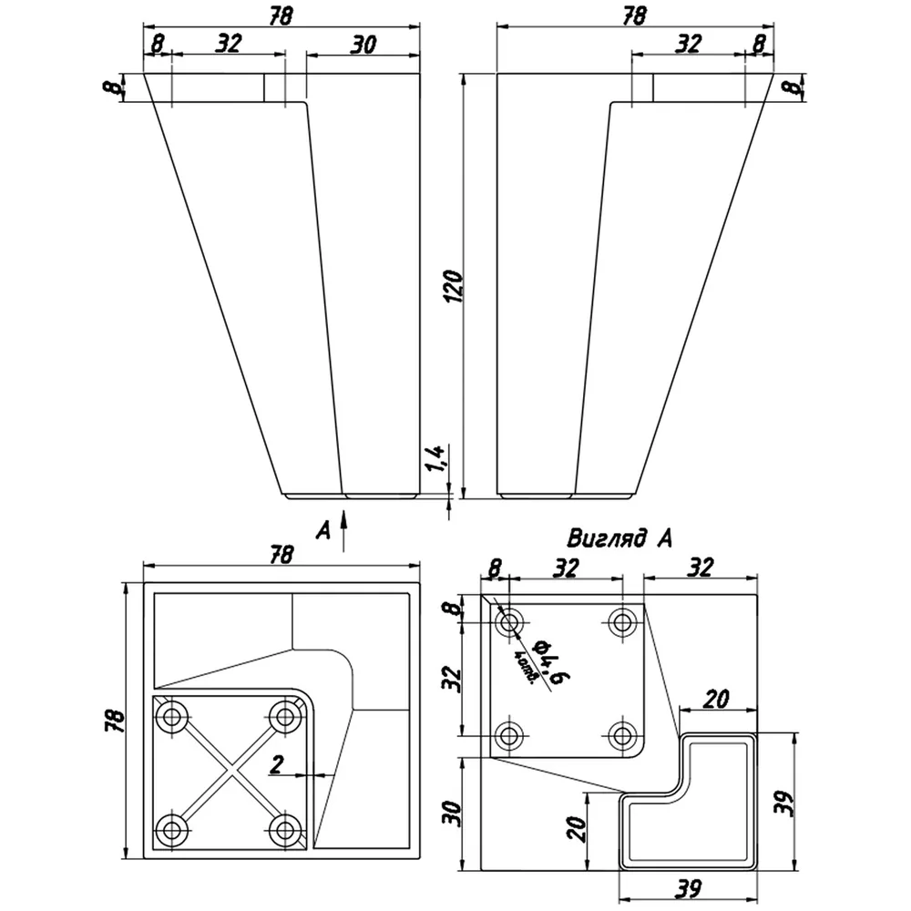 Rysunek techniczny – Noga meblowa z tworzywa, 78 × 78, h 120