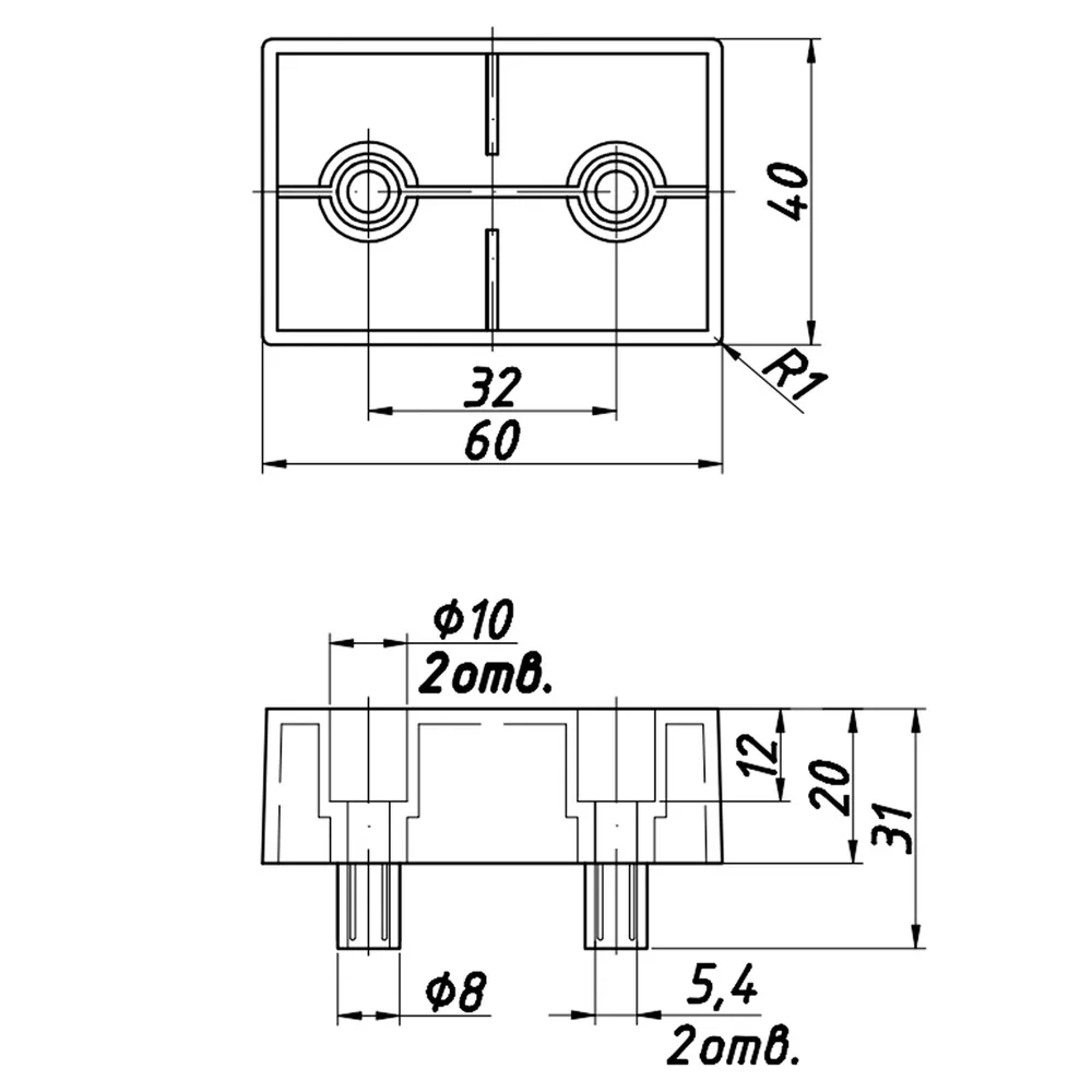 Technical drawing – Plastic furniture leg, 40 × 60, H 20