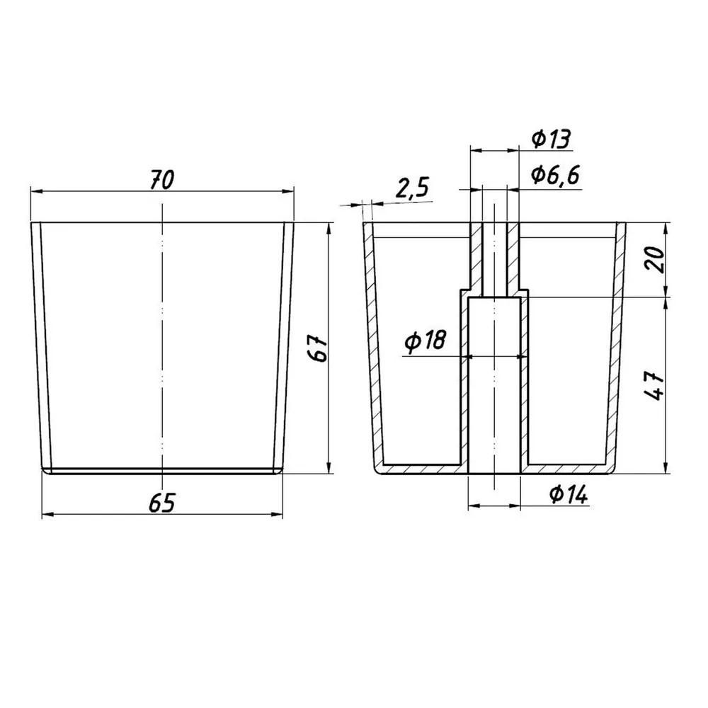 Technical drawing – Plastic furniture leg, 70 × 70, H 67