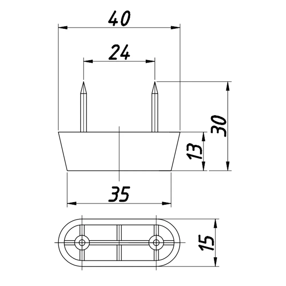 Rysunek techniczny – Stopka meblowa z tworzywa, owalna, 40 × 15, h 13