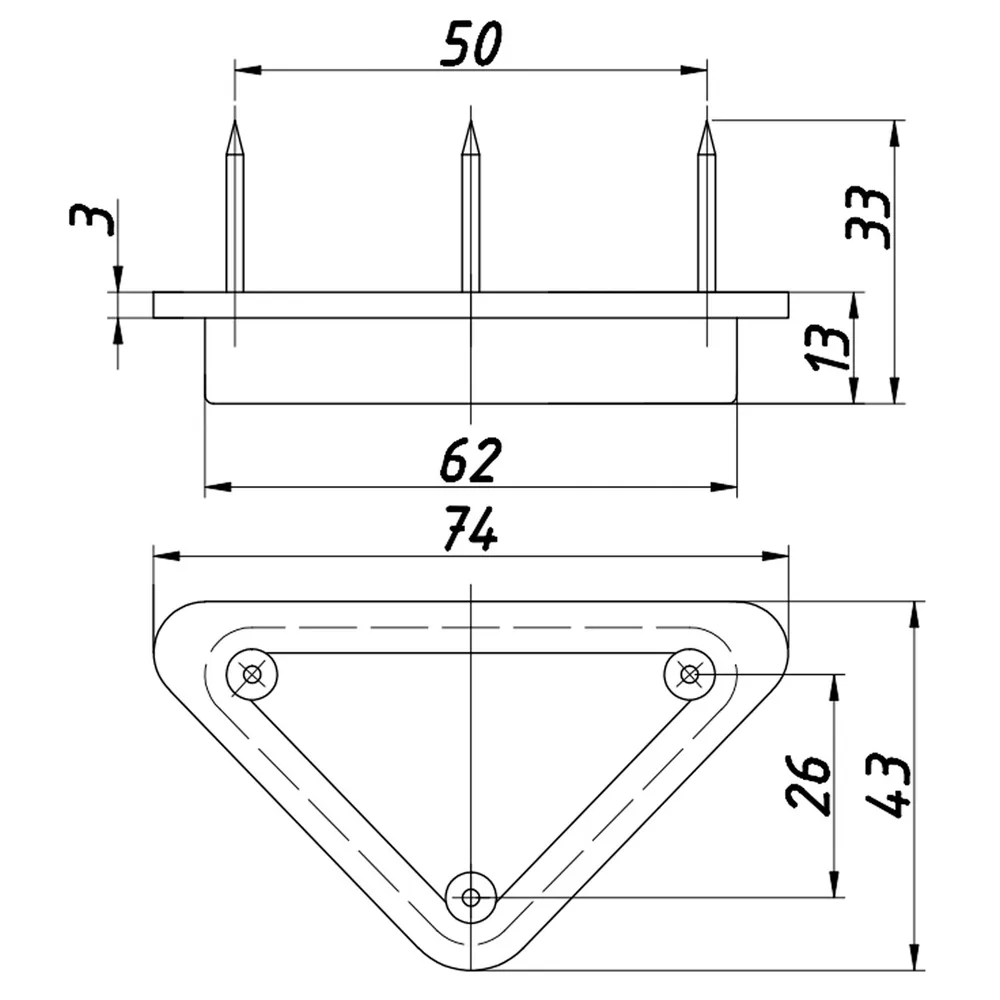 Technical drawing – Plastic furniture foot, triangular, with nails, 74 × 43, H 13