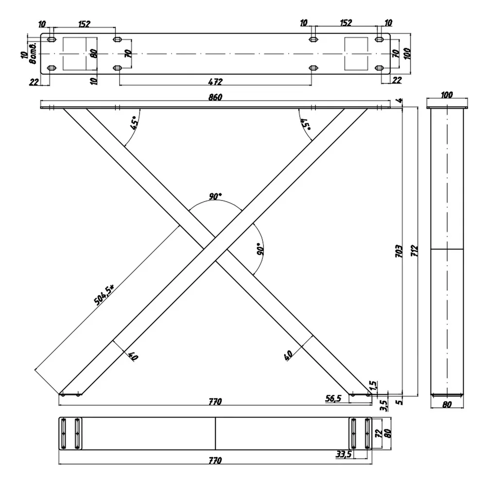 Rysunek techniczny – Noga do stołu, profil 80 × 40