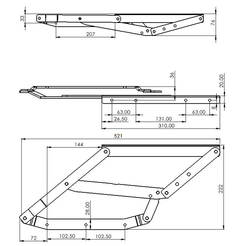 Rysunek techniczny – Mechanizm transformacji sofy, wzmocniony